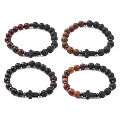 Mixed Stone Natural & Synthetic Mixed Gemstone & Wood Cross Beaded Stretch Bracelet, Mixed Color, Inner Diameter: 2-1/4 inch(5.8cm)