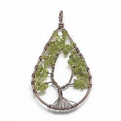 Quartz Natural Chip Olive Quartz Big Pendants, with Brass Wires, Teardrop & Tree, Red Copper, 78~81x40~43x5~10mm, Hole: 4.5mm