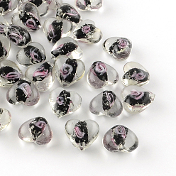 Черный Ручной светящихся внутренний цветок Lampwork бисер, сердце, чёрные, 15~16x15~16x9~10 мм, отверстие : 1~2 мм