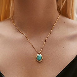 Oval Женские подвески-ожерелья из синтетической бирюзы с латунным паве, реальный 18 k позолоченный, овальные, 16.93 дюйм (43 см)