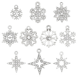 Серебро 60шт 10 стили подвески со стразами из сплава, снежинка/звезда, серебряные, 15~24x12~21x2~3.5 мм, отверстие : 1.5~2.5 мм, 6 шт / стиль