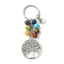 Mixed Stone 7 Chakra Gemstone Bead Pendant Keychain with Tibetan Style Alloy Tree of Life Charm, for Car Key Bag Ornament, 8.5~9.6cm