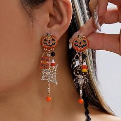 Pumpkin Halloween Alloy Enamel & Rhinestone Stud Dangle Earrings, Asymmetrical Earrings, Golden, Pumpkin, 90x25mm