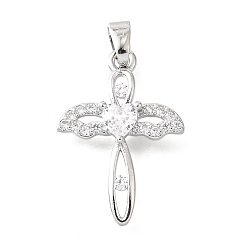 Платина Латунные микро проложить кубического циркония подвески, крест с крыльями, долговечный, без свинца и без кадмия, стойки покрытие, платина, 21x15x3 мм, отверстие : 5x3 мм