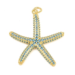 Real 18K Gold Plated Brass Micro Pave Sky Blue Cubic Zirconia Pendants, Starfish Charms, Real 18K Gold Plated, 32x30x3mm, Hole: 3.2mm