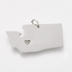Stainless Steel Color Tarnish Resistant 201 Stainless Steel Pendants, Map of Washington, Stainless Steel Color, 16x29x1mm, Hole: 3mm