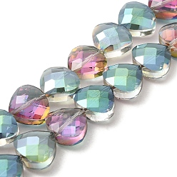 Cadet Blue Electroplate Glass Beads Strands, Half Plated, Faceted Heart, Cadet Blue, 12x13x7mm, Hole: 1mm, about 50pcs/strand, 23.62 inch(60cm)
