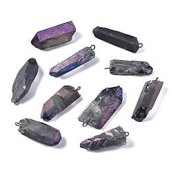 Средняя Орхидея Подвески из натурального кварцевого кристалла с вакуумным покрытием pvd, с латунными петлями, форма полосы, средне орхидеи, 24~36x7~16x6~11 мм, отверстие : 1.8 мм