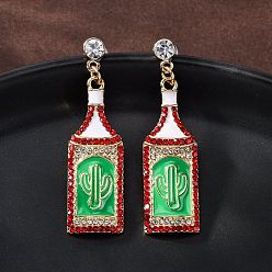 Bottle Серьги-гвоздики из цинкового сплава с эмалью, со стразами, 304 штифты из нержавеющей стали, золотые, бутылка, 40x11 мм