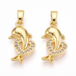 Настоящее золото 18K Латунные микро проложить кубического циркония подвески, без кадмия и без свинца, дельфин с сердечками, реальный 18 k позолоченный, 18x11x3 мм, отверстие : 5x2.5 мм