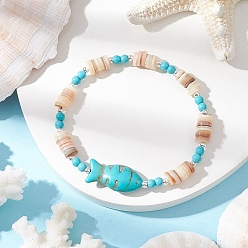 Fish Браслеты из натуральных пресноводных ракушек с бусинами, составные браслеты для женщин, с крошкой синтетической бирюзы, рыба, внутренний диаметр: 2-1/8 дюйм (5.5 см), рыбы: 24x12x7 mm