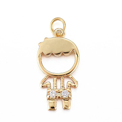 Настоящее золото 18K Латунные микропаве прозрачные подвески с фианитом, с прыжковых колец, мальчик, реальный 18 k позолоченный, 16.5x8.2x1.6 мм, Перейти кольцо: 4.4x0.6 мм, отверстие : 3.2 мм