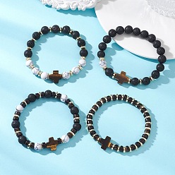 Смешанные камни 4шт. 4 стили браслетов из синтетического говлита и гематита, натуральной лавовой породы и кокосового волокна, эластичные браслеты, Натуральные украшения в виде крестов из тигрового глаза для женщин и мужчин., внутренний диаметр: 2.09~2.17 дюйм (5.3~5.5 см)