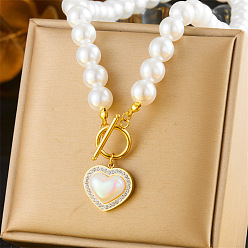Золотой Искусственный жемчуг белый круглый бисер 304 нержавеющая сталь кристалл горный хрусталь кулон в форме сердца ожерелья, золотые, 16.54 дюйм (42 см)
