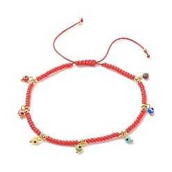 Roja Tobillera con cuentas trenzadas de latón y semilla de vidrio con amuletos de mal de ojo de murano, tobillera ajustable para mujer, rojo, diámetro interior: 2-3/4 pulgada (7 cm)