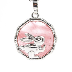 Стеклянный Камень Арбуза Арбуз камень стеклянные подвески, плоская круглая форма из латуни платинового цвета с подвесками в виде кролика, 25x10 мм