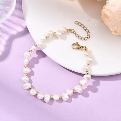 Real 18K Gold Plated Natural Cultured Freshwater Pearl & Brass Beaded Bracelets for Women, Two Sides Polished, Real 18K Gold Plated, 7.48 inch(19cm)