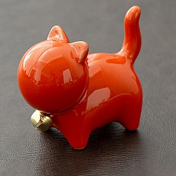 Orange Red Ceramic Cat Figurines with Bell, for Home Office Desktop Decoration, Orange Red, 70x33x56mm