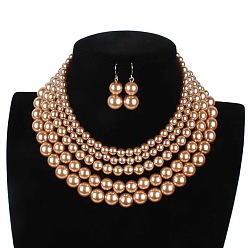 Персиковый Слойка Многослойные ожерелья и серьги-подвески из пластикового жемчуга с круглыми бусинами, сплав ювелирных изделий, золотые, розовые, 470 мм