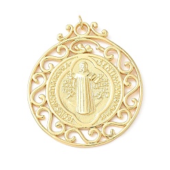 Настоящее золото 18K Латунные большие кулоны, с целью перехода в кольце, плоские круглые с святым Бенедиктом, без свинца и без кадмия, долговечный, стойки покрытие, реальный 18 k позолоченный, 50x44x1.8 мм, отверстие : 3.8 мм