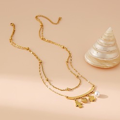 Настоящее золото 18K 304 двухслойные ожерелья из нержавеющей стали и искусственного жемчуга в форме клеверного сердца для женщин, реальный 18 k позолоченный, 15.71 дюйм (39.9 см)