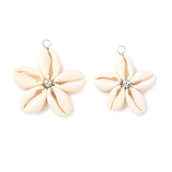 Платина Подвески из натуральных смешанных ракушек каури, звезда, с латунными проставками и медной проволокой, платина, 33~38x29.5~34x6.5~7.5 мм, отверстие : 3.5 мм