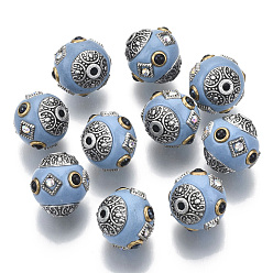 Светлый Стально-синий Индонезийские бусины ручной работы, с хрустальной и латунной фурнитурой, круглые, античное серебро, светло-стальной синий, 15x15 мм, отверстие : 1.8 мм