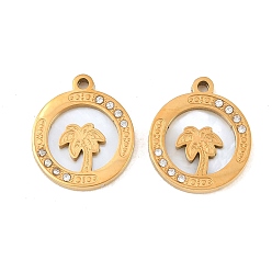Oro Tema oceánico 304 Colgantes de acero inoxidable, concha natural y diamantes de imitación, plano y redondo con el árbol de coco, revestimiento de iones (ip), larga duración plateado, dorado, 17.5x15x2 mm, agujero: 1.5 mm