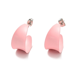 Pink 304 Stainless Steel Chunky Stud Earrings, Half Hoop Earrings for Women, Pink, 22x21x12mm, Pin: 0.7mm