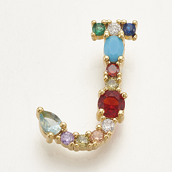 Letter J Латунные микро проложить кубического циркония подвески, буквы, красочный, золотые, letter.j, 20x14x6 мм, отверстие : 3x2 мм