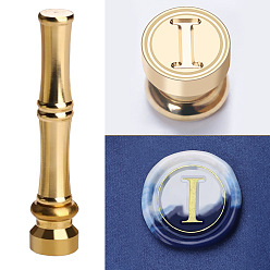 Letter I Golden Tone Brass Wax Seal Stamp Head with Bamboo Stick Shaped Handle, for Greeting Card Making, Letter I, 74.5x15mm