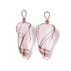 Quartz Crystal Natural Quartz Crystal Copper Wire Wrapped Big Pendants, Rock Crystal Faceted Cone Charms, Rose Gold, 50~50.5x16.5x18~19mm, Hole: 8x3.5~4mm
