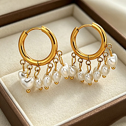 Real 18K Gold Plated 304 Stainless Steel & Imitation Pearl Hoop Dangle Earrings, Heart, Real 18K Gold Plated, 21mm
