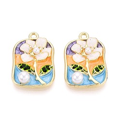 Light Gold Стойки обшивки сплава эмали подвески, прямоугольник и цветок, с ABS имитации жемчуга, золотой свет, 26x18x6 мм, отверстие : 1.8 мм