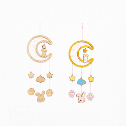 Mixed Color DIY Moon & Rabbit Wind Chime Making Kits, Including 1Pc Wood Plates, 1 Card Cotton Thread and 1Pc Plastic Knitting Needles, for Children Painting Craft, Mixed Color, Thread & Needle: Random Color