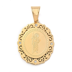 Настоящее золото 18K 316 хирургические подвески из нержавеющей стали со стразами, овал со святой иудой, реальный 18 k позолоченный, 29.5x23x2.5 мм, отверстие : 8x5.5 мм