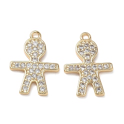 Golden Brass Micro Pave Clear Cubic Zirconia Pendants, Human Charms, Nickel Free, Golden, 20x14x2mm, Hole: 1.5mm