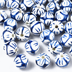 Blue Handmade Porcelain Beads, Blue and White Porcelain, Round, Blue, 12mm, Hole: 2mm
