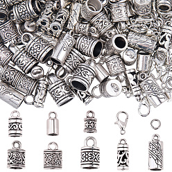 Античное Серебро 80шт 8 стили тибетский стиль сплав наконечник шнура, колонка, с застежками-карабинами из цинкового сплава 50шт., 100 шт. 304 открытые соединительные кольца из нержавеющей стали, античное серебро, 10~18x6~10 мм