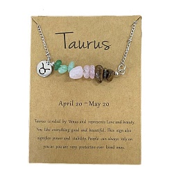 Телец 667 ожерелья из нержавеющей стали с натуральным зеленым авантюрином, натуральным кварцевым кристаллом и натуральным тигровым глазом, цвет нержавеющей стали, плоская круглая с 12 узором в виде созвездий, Телец, 19.29~20.08 дюйм (49~51 см)