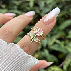Pink Brass Micro Pave Cubic Zirconia Cuff Open Rings for Women, with Enamel, Flower, Real 18K Gold Plated, Pink, US Size 4 1/4(15mm)~20mm