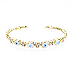 Белый Эмалевый плоский круглый браслет-манжета с дурным глазом и прозрачным кубическим цирконием, настоящие позолоченные украшения из латуни для женщин, белые, внутренний диаметр: 18 дюйм (2-3/8 см)