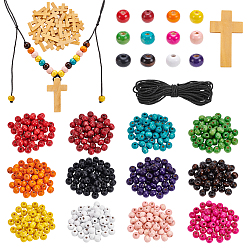 (52) Непрозрачная лаванда Наборы для изготовления ожерелий своими руками, включая подвески в виде крестиков, круглые деревянные бусины и вощеный хлопковый шнур., разноцветные, 1 мм