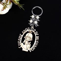 White Wood Keychain for Women, Angel, White, 12x5.5cm