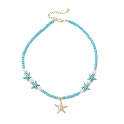 Бирюза 304 подвеска в виде морской звезды из нержавеющей стали, ожерелье из круглых бусин из стеклянного жемчуга и синтетической бирюзы, реальный 18 k позолоченный, бирюзовые, 15.08 дюйм (38.3 см)