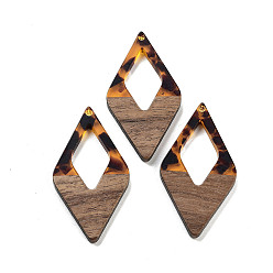 Orange Walnut Wood with Resin Pendants, Rhombus, Orange, 47.5x25.5x3.5mm, Hole: 2mm
