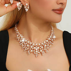 Золотой Комплекты серег-гвоздиков и ожерелий из сплава со стразами для женщин, с имитацией жемчуга, свадебные украшения и аксессуары, золотые, ожерелья: 15.75 дюйм (40 см)
