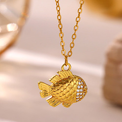 Fish Ocean Brass Pave Clear Cubic Zirconia Pendant Necklaces, Golden, Fish, 14.96 inch(38cm), pendant: 17x19mm