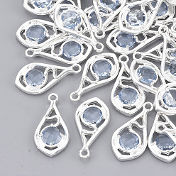Light Steel Blue Faceted Glass Pendants, with Eco-Friendly Alloy Open Back Settings, Nickel Free, Teardrop, Silver Color Plated, Light Steel Blue, 21x11x3.5mm, Hole: 1.6mm