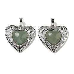 Green Aventurine Natural Green Aventurine Peach Love Heart Pendants, Rack Plating Brass Hollow Heart Charms, Cadmium Free & Lead Free, 29.5x30.5x7.5mm, Hole: 7.5x5mm